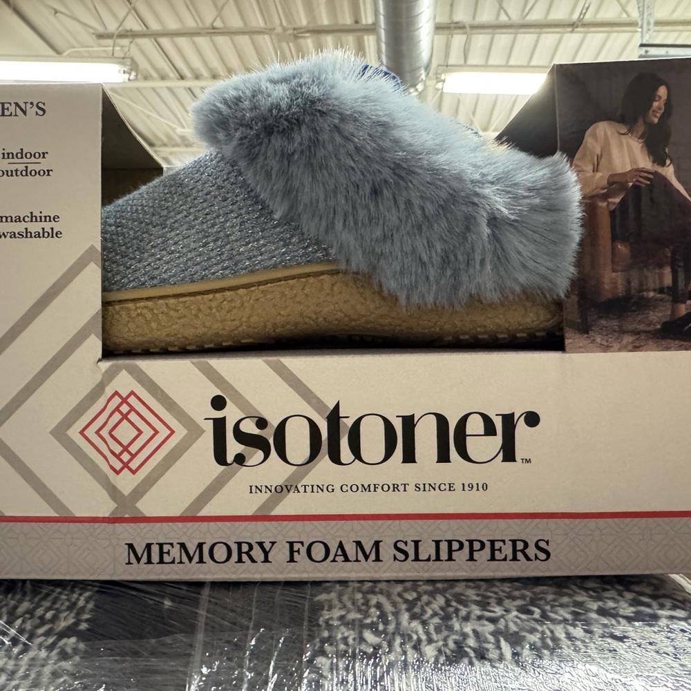 Isotoner Ladies Memory Foam Hoodback Comfort Slippers - Blue Willow